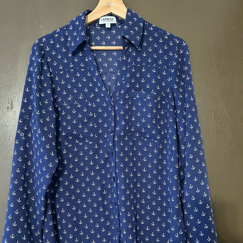 Express Navy Blouse with White Anchor Print